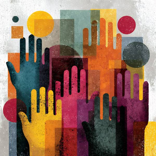 Quelle: Pixabay/Vilkasss Bild mit gemalten senkrecht gehaltenen bunten Handflächen, bunte Kreisen sowie Quadraten. Alles geht ineinander über.